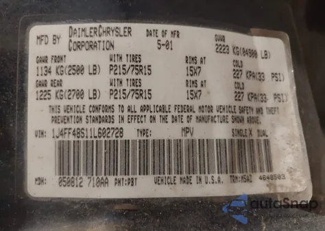 2001 Jeep Cherokee Sport from USA, damaged, VIN 1J4FF48S11L602728